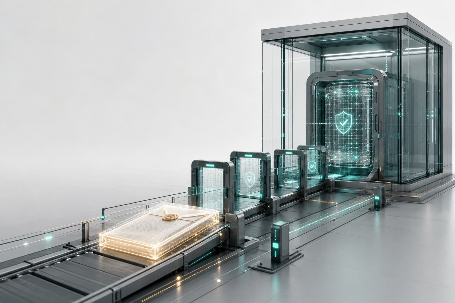 A protected evidence packet moving through secure digital checkpoints into a privacy vault